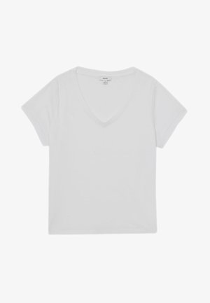 Tricou alb simplu cu mâneci scurte și guler în V, afișat pe orizontală pe un fundal alb.