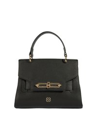 Zwarte leren handtas met een gestructureerde vorm, gouden hardware en een sluiting aan de voorkant. Voorzien van een enkele handgreep aan de bovenkant en een textuur aan het oppervlak.