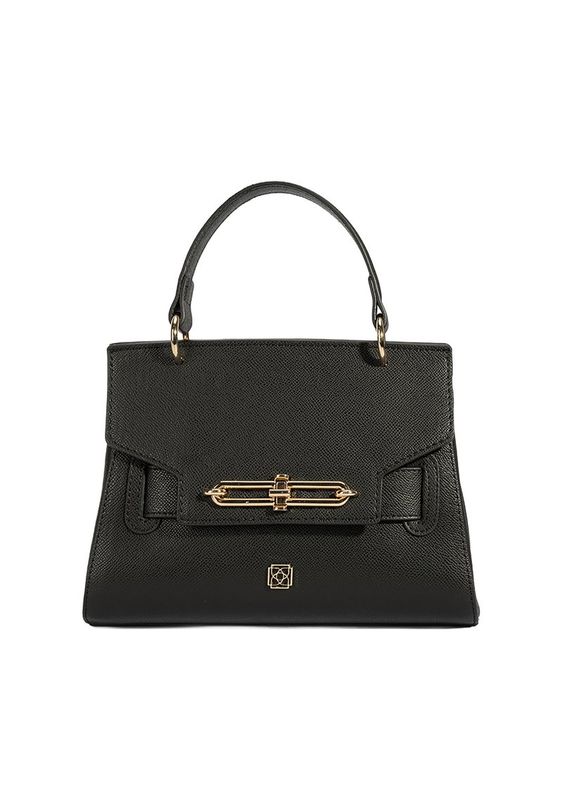 Zwarte leren handtas met een gestructureerde vorm, gouden hardware en een sluiting aan de voorkant. Voorzien van een enkele handgreep aan de bovenkant en een textuur aan het oppervlak.