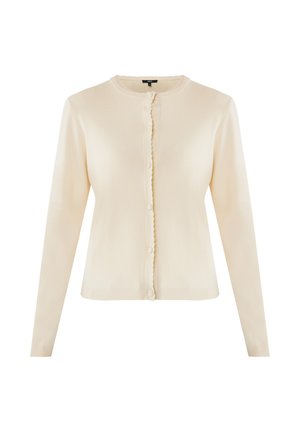 Cardigan à manches longues de couleur crème avec un décolleté rond, des bords festonnés et des boutons recouverts sur le devant.