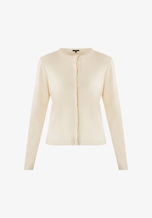 Cremefarvet langærmet cardigan med rund halsudskæring, bølgede kanter og dækkede knapper foran.