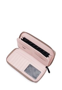 Pink leather wallet with a zip closure, multiple card slots, a clear ID window, and a patterned black lining. Interior features a zippered compartment.