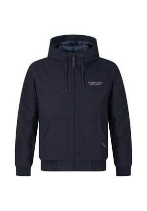 Schwarz Kapuzenjacke mit Frontreißverschluss, Kordelzug, zwei Fronttaschen, gerippten Bündchen und Saum, mit einem Logo auf der linken Brust.