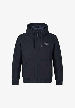 Schwarz Kapuzenjacke mit Frontreißverschluss, Kordelzug, zwei Fronttaschen, gerippten Bündchen und Saum, mit einem Logo auf der linken Brust.