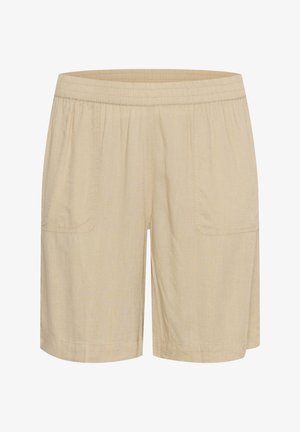 Pantalones cortos beige con un ajuste relajado, cintura elástica y dos bolsillos laterales. Hechos de una tela ligera con una textura sutil.