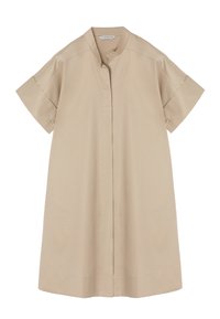 Vaa beige-mekko, jossa on lyhyet hihat, pystykaulus, napitus ja suora siluetti. Valmistettu sileästä, kevyestä kankaasta.