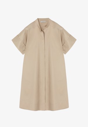 Beige rövidujjú ruha álló gallérral, gombos légkörrel és egyenes sziluettel. Simább, könnyű anyagból készült.