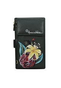 Groene leren portemonnee met bloemdesign, featuring een gele lelie en een rode pioenroos, ritsluiting en logo-accent in het wit.