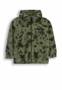 Zielona bluza z kapturem w stylu tie-dye, z zapięciem na zamek z przodu, kieszeniami kangurkami, czarnym nadrukiem "HAVE MORE" oraz ściągaczami na mankietach i u dołu.