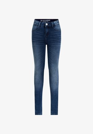 Jeggings de mezclilla oscuros, ajustados y de cintura alta, con bolsillos delanteros y un ligero desvanecimiento. Incluye un cierre de botón metálico.