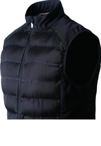 Svart ärmlös puffer-väst med hög krage, framzipning,  quiltat mönster och subtila gröna detaljer på axlarna.