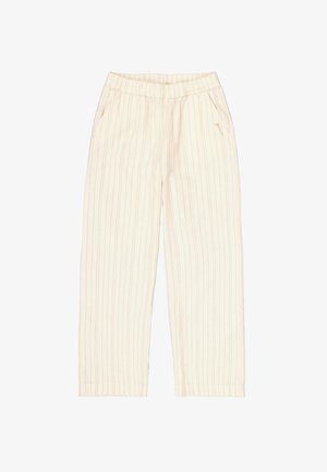 Pantalon rayé couleur crème avec une taille élastique, doté de poches latérales et d'une coupe décontractée. Fines rayures verticales dans une teinte plus claire.