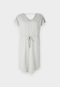 Ärmelloses, hellgraues Kleid mit V-Ausschnitt, gerafftem Taillenteil und Kordelzugdetails. Weicher, glatter Stoff mit lässiger Passform und leichter Rundung am Saum.