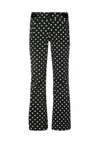 Pantalon noir à pois blancs, avec une coupe ajustée, deux poches avant et une fermeture par bouton à la taille.