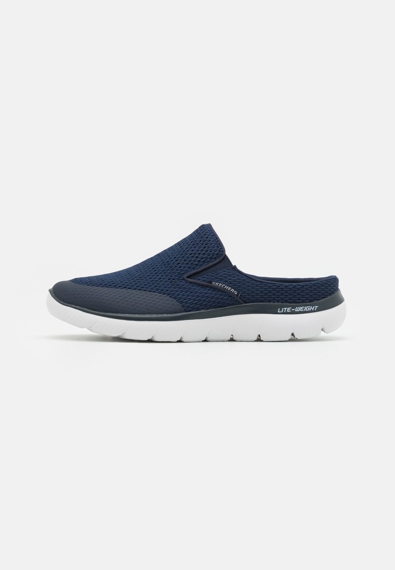 Navy slip-on shoes with a mesh upper, gray accents, and a lightweight white sole. Features a textured surface for breathability and comfort.