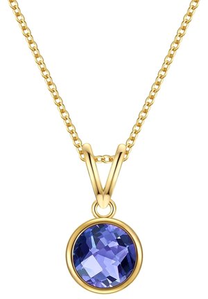 Goldkette mit einem runden, facettierten lila Stein in einem runden Anhänger, der eine glatte, polierte Oberfläche zeigt.
