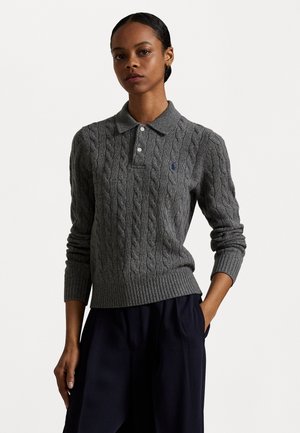 Gray cable-knit polo sweater with short sleeves, featuring a three-button placket and ribbed hem, accented by a small blue logo.