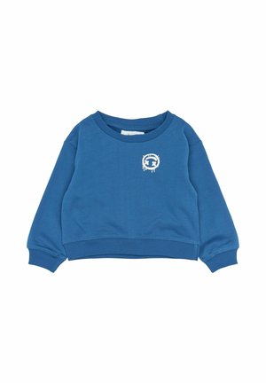 Hanorac croppat, cu maneci lungi, de culoare albastră, cu jante și tiv din material ribbed, având pe piept un mic grafic alb reprezentând o față rotundă cu ochi încrucișați.