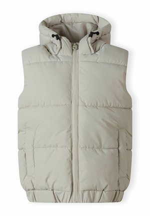 Hellbeige Puffer-Weste mit Reißverschluss, Kordelzugkapuze und zwei Seitentaschen. Verfügt über eine steppartige Textur und einen elastischen Saum.