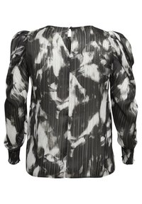 Bluzka z długim rękawem z przezroczystej czarno-białej tkaniny, z abstractnym wzorem, plisowanym texturem oraz otwarciem w kształcie klucza na plecach z detalem guzika.
