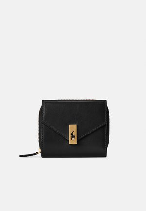 Black leather wallet with a zip closure, featuring a gold-tone clasp and embossed logo on the front. Compact rectangular design with structured edges.