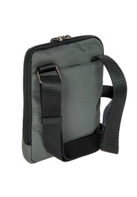 Borsa rettangolare nera e grigia realizzata in materiale durevole, con chiusura a zip, cinturino regolabile e superficie texturizzata.