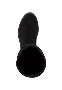 Black suede ankle boot with a rounded toe, textured upper, and a smooth, unlined interior. The boot has stitching along the edges.