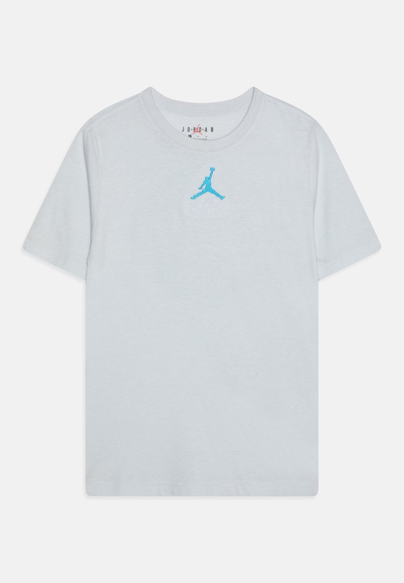 Light gray short-sleeve T-shirt made of cotton, featuring a blue embroidered Jumpman logo on the chest and a crew neck design.