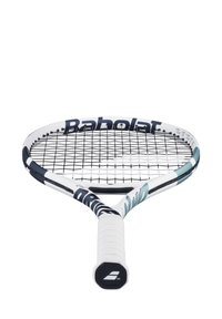 Tennisketcher med en overvejende hvid ramme og navy- samt mintgrønne accenter, et tekstureret greb og et gitter-strengmønster.