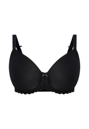 Zwarte gewatteerde beha met gladde stof, kanten rand langs de onderkant en een klein satijnen strikje in het midden vooraan. Verstelbare bandjes.