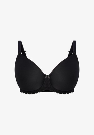 Zwarte gewatteerde beha met gladde stof, kanten rand langs de onderkant en een klein satijnen strikje in het midden vooraan. Verstelbare bandjes.