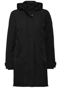 Parka noire avec capuche, fermeture éclair et bouton-pression, deux poches avant et poignets réglables, d'une texture lisse.