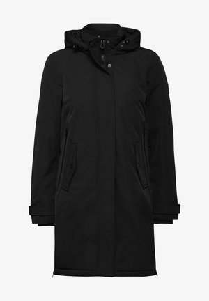 Parka nera con cappuccio, chiusura con zip e bottoni a pressione, due tasche frontali e polsini regolabili, realizzata in tessuto liscio.