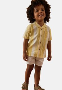 Camisa de manga corta a rayas amarillas con un bolsillo, combinada con pantalones cortos claros. Los accesorios incluyen sandalias verdes con hebillas.