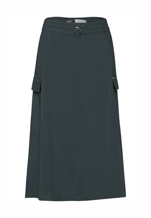 Gonna azul scuro fino al ginocchio con una vita elastica, dotata di due tasche cargo laterali e un tessuto liscio e strutturato.