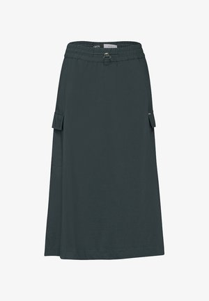 Mörkblå knälång kjol med elastisk midja, som har två sidofickor i cargostil och en slät, strukturerad tyg.