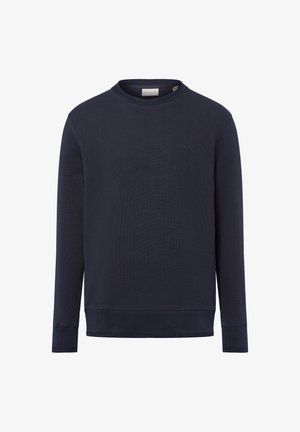 Marineblauwe longsleeve trui met ronde hals, voorzien van ribgebreide boorden en zoom, subtiel logo geborduurd op de linkerborst.