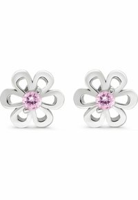 Silverblommörhängen i form av en blomma med sex öppna kronblad och en central rund rosa ädelsten på vit bakgrund.