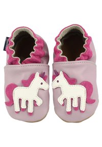 Weiche Leder-Babyschühchen in Pink mit einem weißen Einhorn-Design. Mit gerüschten pinken Akzenten am Einstieg und glatten, strapazierfähigen Sohlen.