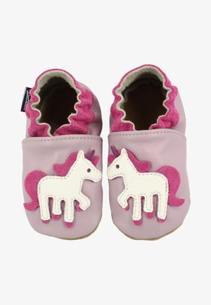 Weiche Leder-Babyschühchen in Pink mit einem weißen Einhorn-Design. Mit gerüschten pinken Akzenten am Einstieg und glatten, strapazierfähigen Sohlen.