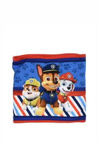 Fleece dekentje met drie cartoon honden op een blauwe achtergrond met rood en wit gestreepte accenten. Zachte textuur, levendige kleuren en speels ontwerp.