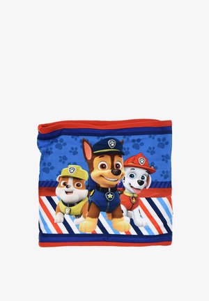 Fleece dekentje met drie cartoon honden op een blauwe achtergrond met rood en wit gestreepte accenten. Zachte textuur, levendige kleuren en speels ontwerp.