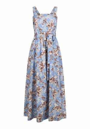 Abito maxi blu senza maniche con stampa floreale marrone e bianca, scollatura quadrata e cintura in tessuto in vita.