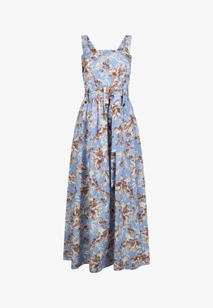 Varrukateta sinine maksikleit, pruuni ja valge lillemustriga, ruudukujuline kaelus ning kangast vöö vöökohal.