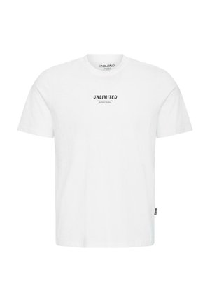 Weißes Baumwoll-T-Shirt mit Rundhalsausschnitt, kurzen Ärmeln und einem vorderen Aufdruck mit dem Schriftzug "UNLIMITED" in schwarzer Schrift.