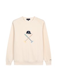 Sudadera color crema con mangas raglán, que presenta un gráfico de martillos cruzados y una gorra en suaves colores pastel.