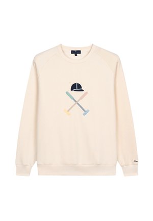 Crème-kleurige sweatshirt met raglanmouwen, voorzien van een grafisch ontwerp van gekruiste hamers en een pet in zachte pastelkleuren.