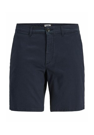 Dunkelblaue, legere Herren-Shorts mit Gürtelschlaufen, Knopfverschluss und Fronttaschen, flach auf weißem Hintergrund liegend.