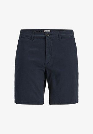 Mørkeblå herres afslappede shorts med bæltestropper, knaplukning og forlommer, lagt fladt på en hvid baggrund.