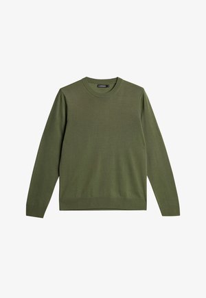 Olivgrüner Pullover mit langen Ärmeln aus weichem Strickstoff. Verfügt über einen runden Ausschnitt sowie gerippte Bündchen und Saum, mit einer glatten Textur.